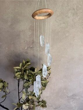 Real Crystal Quartzite Hanging Mobile Wind Chime with Natural Wood Rings
